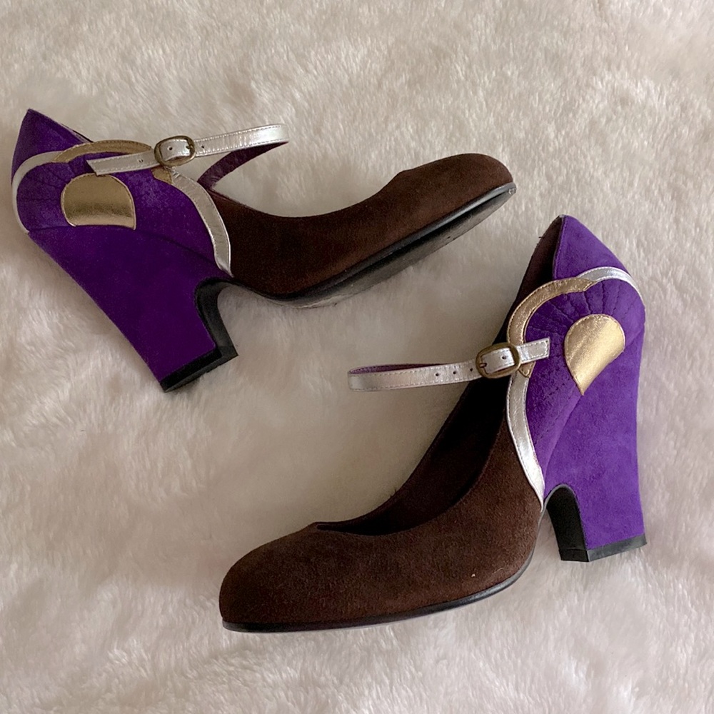 EUC MARC JACOBS Brown & Purple Mary Jane  Color Block Metallic Accents Sz 37 1/2
